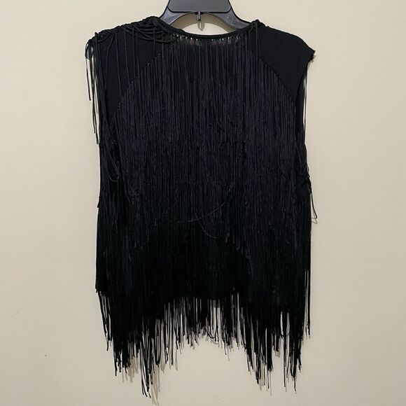 Ella Moss Vest Open Front Fringe Black Cowgirl Womens L Mob Wife Festival Indie - Picture 2 of 6